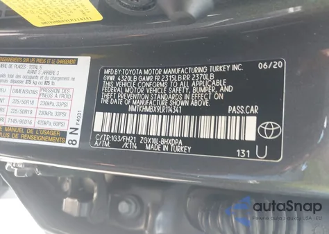 2020 Toyota C-Hr Le z USA, uszkodzony, nr VIN NMTKHMBX9LR114341